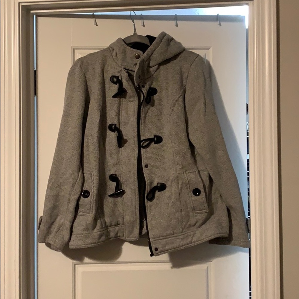 Grey, black, and white coat with buttons